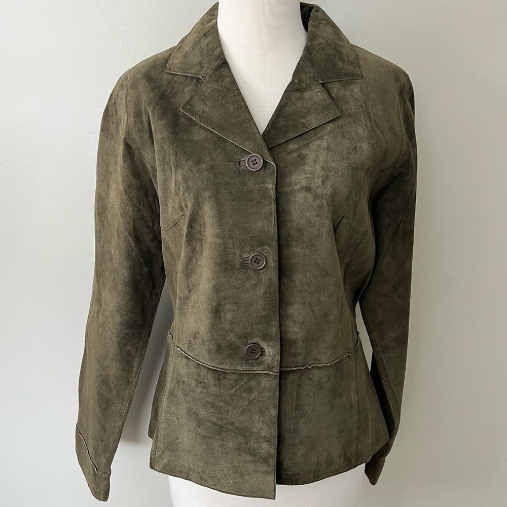 Olive Green Suede Leather Button Up Jacket